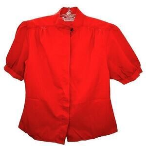 Vintage Preppy Illusion Button Up High Collar Short Puffy Sleeve Blouse Shirt‎